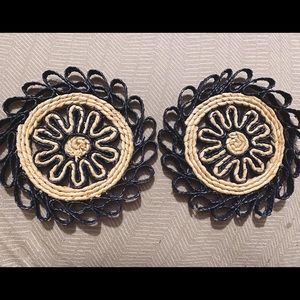Set of navy/rattan trivets